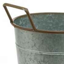 Artikel Metall Übertopf mit Henkeln, verzinktes Pflanzgefäss Ø24cm H32,5cm silbern-braun für Innen und Aussen