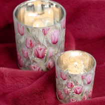 Artikel Deko Windlichter aus Glas mit rosa Tulpenmotiv, 8 cm, 4er-Set, für Frühlingsdekoration