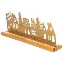 Artikel Häuser-Silhouette aus mattgoldenem Metall auf Holzsockel, 29 cm