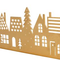Artikel Häuser-Silhouette aus mattgoldenem Metall auf Holzsockel, 29 cm