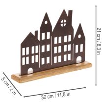 Artikel Häuserreihe aus Metall mit Holzsockel 30 cm Kupferfarben