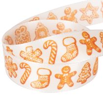 Artikel Geschenkband aus Polyester mit Lebkuchenmotiven 25 mm 18 m Weiss-Orange