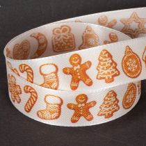 Artikel Geschenkband aus Polyester mit Lebkuchenmotiven 25 mm 18 m Weiss-Orange