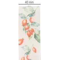 Artikel Geschenkband aus Polyester mit Hagebuttenmotiv und Blättern, 40 mm breit, 18 m lang