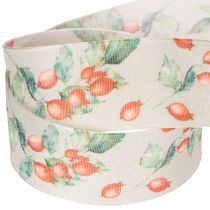 Artikel Geschenkband aus Polyester mit Hagebuttenmotiv und Blättern, 40 mm breit, 18 m lang