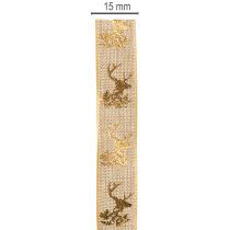 Artikel Dekoband aus Polyester mit Hirschmotiv 15mm x 15m in Braun-Gold für Weihnachtsdekorationen