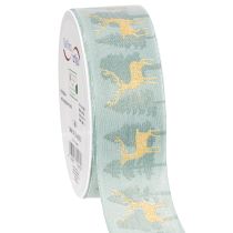 Artikel Stoffgeschenkband mit Rentier- und Tannenbaum-Motiv 40 mm x 18 m hellblau