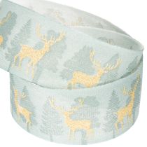 Artikel Stoffgeschenkband mit Rentier- und Tannenbaum-Motiv 40 mm x 18 m hellblau