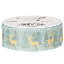 Artikel Stoffgeschenkband mit Rentier- und Tannenbaum-Motiv 40 mm x 18 m hellblau