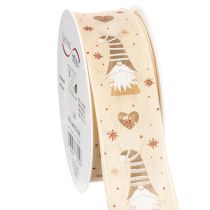 Artikel Dekoband Stoff beige mit Wichteln und Herzen 40mm x 15m für Weihnachtsdekoration