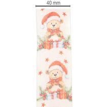 Artikel Geschenkband aus Stoff mit Bärenmotiv 40mm x 15m in Creme, Rot und Grün für Weihnachtsdekoration