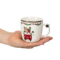 Artikel Becher Keramik 9 cm Weiss mit Weihnachtsmotiv Auto und Geschenken