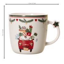 Artikel Becher Keramik 9 cm Weiss mit Weihnachtsmotiv Auto und Geschenken