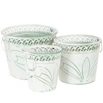Artikel Blech-Kübel mit Prägung, Pflanzgefäß mit Henkeln Weiß, Grün Shabby Chic H22/19,5/17,5cm Ø25,5/20,5/15,5cm 3er-Set