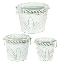 Artikel Blech-Pflanzkübel mit Prägung, Weiss-Grün, Shabby Chic, 3er-Set, H22/19,5/17,5cm Ø25,5/20,5/15,5cm