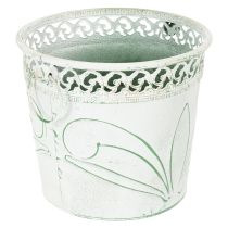 Artikel Blech-Pflanzkübel mit Prägung, Weiss-Grün, Shabby Chic, 3er-Set, H22/19,5/17,5cm Ø25,5/20,5/15,5cm