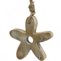 Artikel Holzblumen-Anhänger mit Muster, Natur und Weiss, 10cm, Set mit 6 Stück