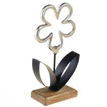 Blume Metall Deko Silber Schwarz Holz Sockel 15x29cm