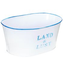 Artikel Blumenschale oval Metall 26x17x12cm Weiss-Blau mit Schriftzug für Innen- und Aussenbereiche