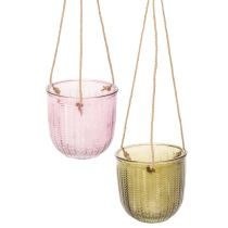 Artikel Hängender Glas-Blumentopf oder Windlicht, 14 cm, Lila und Grün, 2 Stück