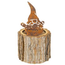 Artikel Blumentopf Holz mit Baumrinde und Edelrost-Wichtel, Ø12,5cm, H24cm