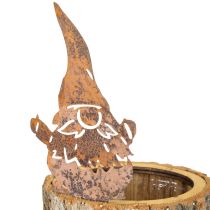 Artikel Blumentopf Holz mit Baumrinde und Edelrost-Wichtel, Ø12,5cm, H24cm