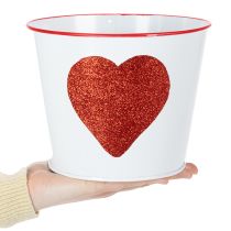 Artikel Blumentopf aus Metall Weiss mit Rotem Herz Ø18cm Höhe 13,5cm für Innenbereich