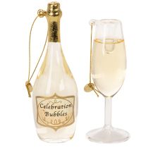 Artikel Sektflasche und Sektglas Anhänger-Set aus Glas 14cm Dekoration für Weihnachten und Silvester