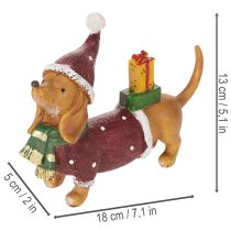 Artikel Dekofigur Dackel aus Polyresin 18 cm Rot-Grün-Braun für Weihnachten