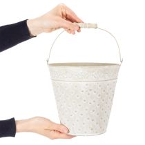 Artikel Deko-Eimer aus Metall Weiss Ø20,5 cm mit Holz-Henkel für Pflanzen und Dekoration