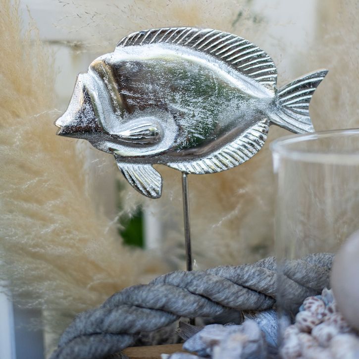 Artikel Deko-Fisch, Maritime Deko, Fisch aus Metall Silbern, Naturfarben H28,5cm