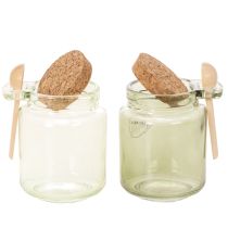 Artikel Dekogläser aus grünem Glas mit Korkdeckel und Holzlöffel – Ø 7 cm, H 10 cm, 2 Stück