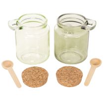Artikel Dekogläser aus grünem Glas mit Korkdeckel und Holzlöffel – Ø 7 cm, H 10 cm, 2 Stück