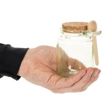 Artikel Dekogläser aus grünem Glas mit Korkdeckel und Holzlöffel – Ø 7 cm, H 10 cm, 2 Stück