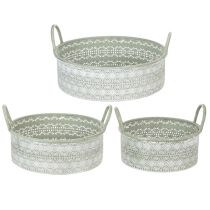 Artikel Deko-Schale Metall mit Griffen im 3er-Set Ø23/28/32cm Weiss-Gewaschen Grün Vintage Look