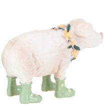 Artikel Dekofigur Schwein aus Polyresin mit Blumenkranz und Gummistiefeln 15,5 cm