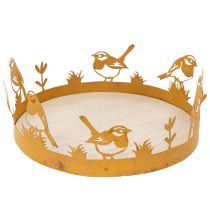 Artikel Dekotablett Holz und Metall Ø20cm Rostoptik mit Vogelmotiv als Frühlingsdeko