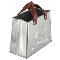 Artikel Deko Tasche Metall Pflanztopf 22cm Silber Weiss Braun mit Schmetterling und Gräser Motiv