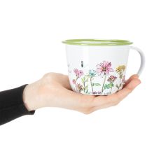 Artikel Deko-Pflanztopf Tasse emailliert, Metall Ø11cm H8cm, Motiv Wiesenblumen