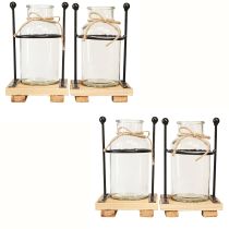 Artikel Deko-Set mit 4 Flaschenvasen aus Klarglas auf Holzsockel mit Metallhalterung, 12×12×20cm