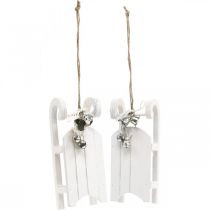 Artikel Deko-Schlitten aus Holz mit Glöckchen in Weiss und Silber, 13 cm, 4 Stück