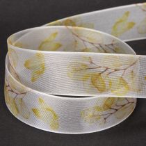 Artikel Dekoband Organzaband 25 mm 20 m Weiss Gelb mit Blätterzweig-Motiv für Dekoration