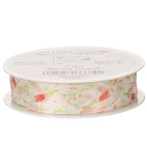 Artikel Geschenkband mit Tulpenmotiv aus Polyester, 2,5 cm x 18 m, rosa-weiss