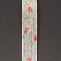 Artikel Geschenkband mit Tulpenmotiv aus Polyester, 2,5 cm x 18 m, rosa-weiss