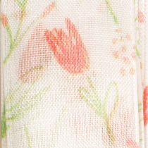 Artikel Geschenkband mit Tulpenmotiv aus Polyester, 2,5 cm x 18 m, rosa-weiss