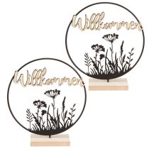Artikel Dekoring mit Fuss Metall und Holz Willkommen Ø20 cm Schwarz Natur 2 Stück