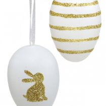 Artikel Ostereier zum Aufhängen aus Kunststoff, 6 cm, Weiss-Gold, 12-teilig