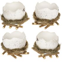 Artikel Osternest Schale aus Holz, Heu und Kunststoff in Eioptik, 11 cm, weiss-grau, 4er-Set für Frühlings- und Osterdekoration