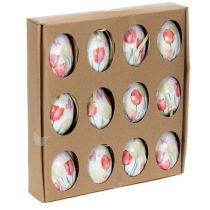 Artikel Ostereier-Dekoration aus Kunststoff, 6 cm, Tulpenmotiv, Set mit 12 Stück, mit grünem Band zum Aufhängen