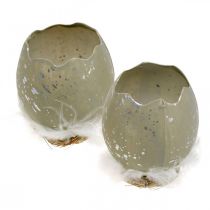 Artikel Dekoei-Hälfte aus Kunststoff, Grau-Silbern, Ø8cm H10cm, Nest mit Federn, 4 Stück